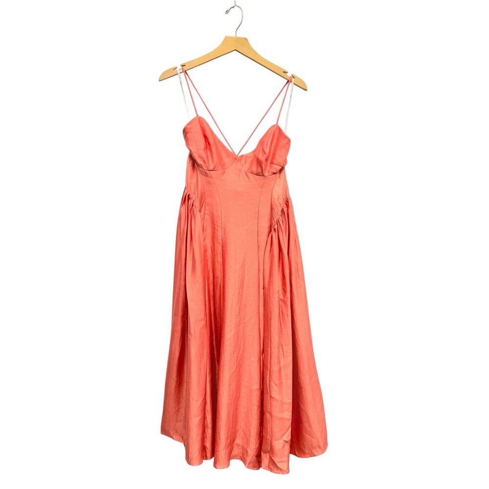 Lulus Paride Shiny Coral Gathered Lace-Up Midi Dress size Medium NWT - Picture 2 of 6